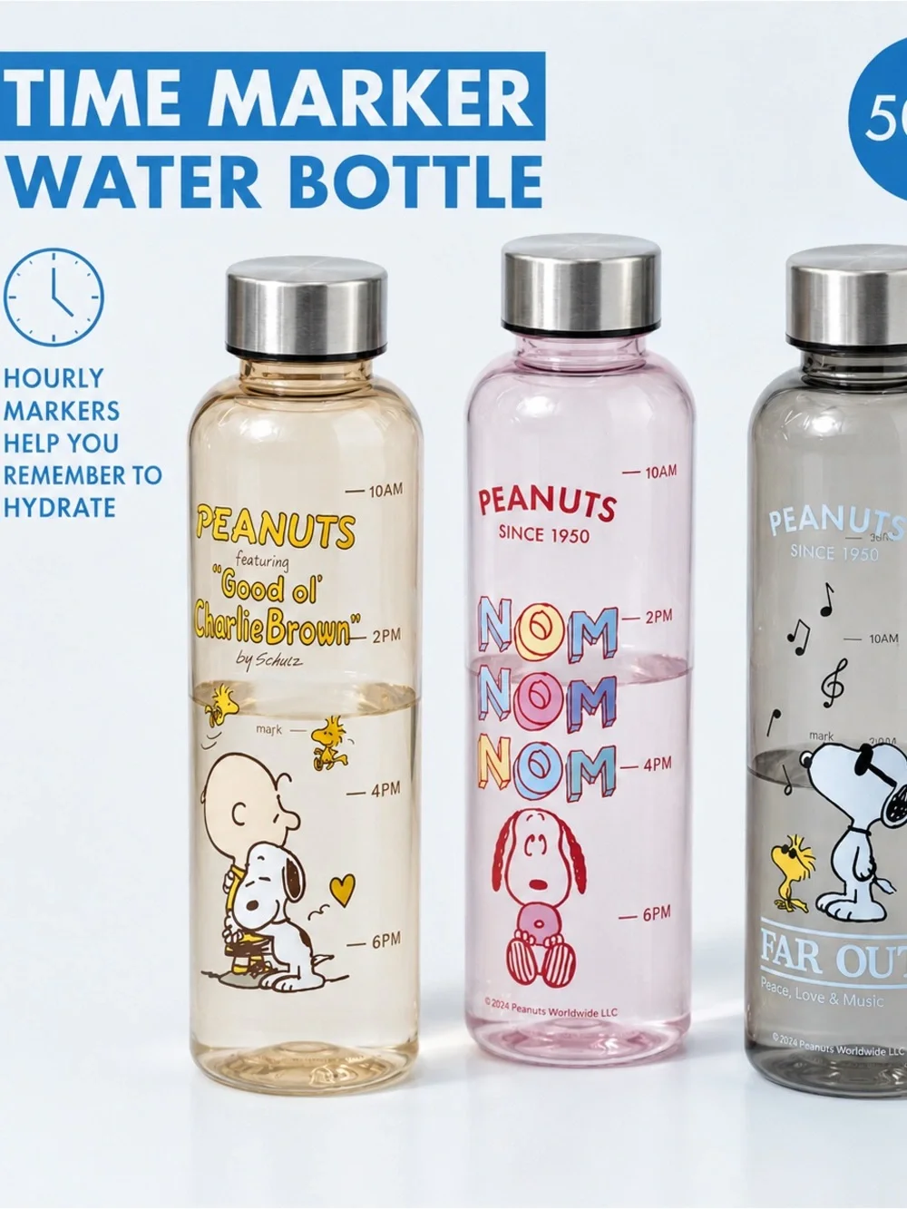 Snoopy 500ml Time Marker Water Bottle -Stainless Steel Lid – Imported from Japan